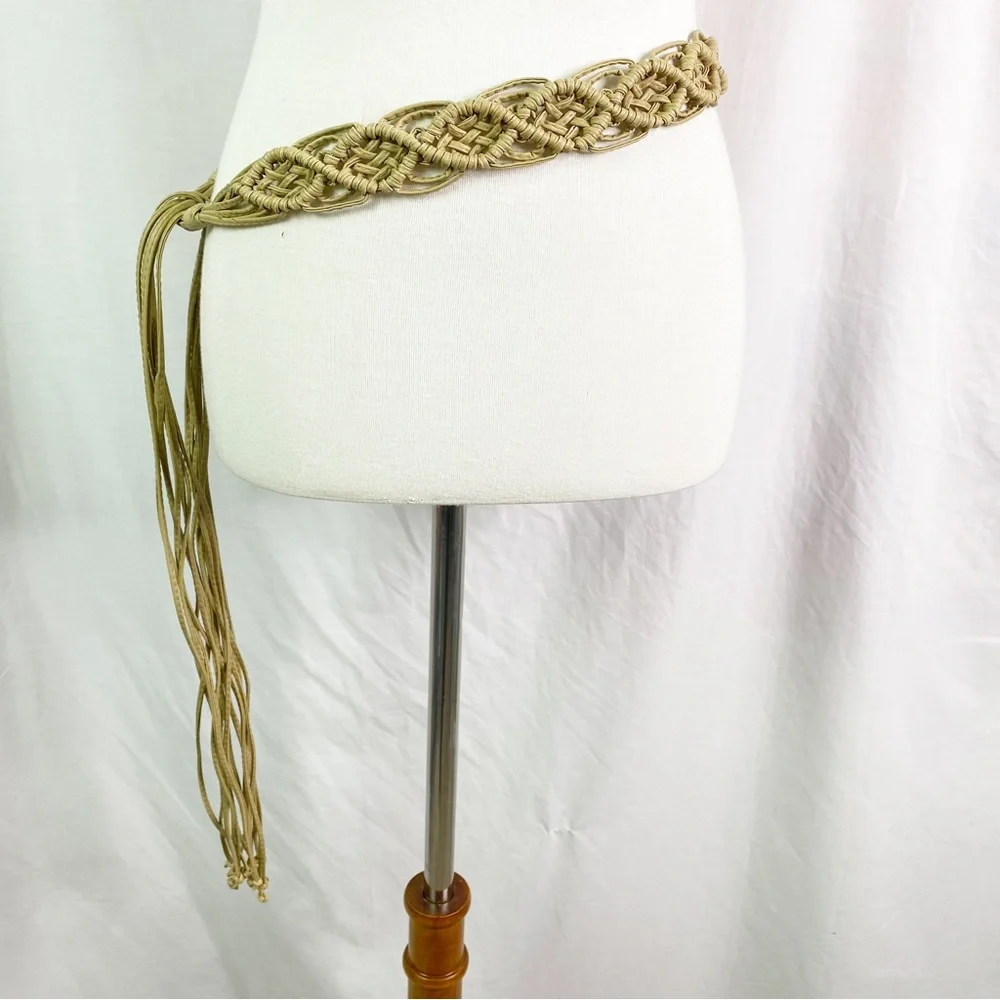 Vintage Boho Macrame Faux Leather Belt Fringe Ties